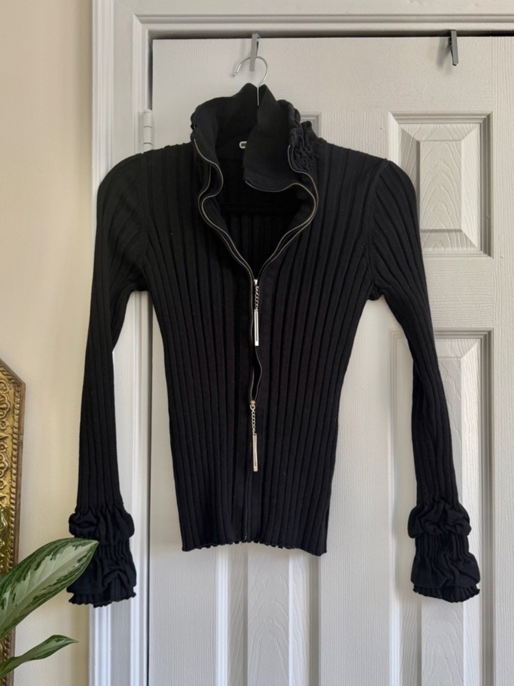 Y2K Belldini 90s vintage ruffle hem double zip up ribbed jacket sweater, medium